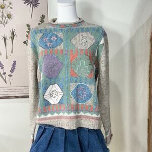 Vintage 80s 90s Embroidered Pullover Sweater Southwestern Coastal Grandma L LP